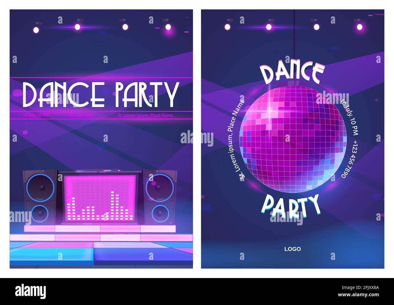 Flyers de danse avec boule disco et console de musique de dj. Affiches de l'événement de boîte de nuit avec discothèque. Illustration vectorielle de haut-parleurs sonores et de piste de danse dans une lumière néon rose Illustration de Vecteur