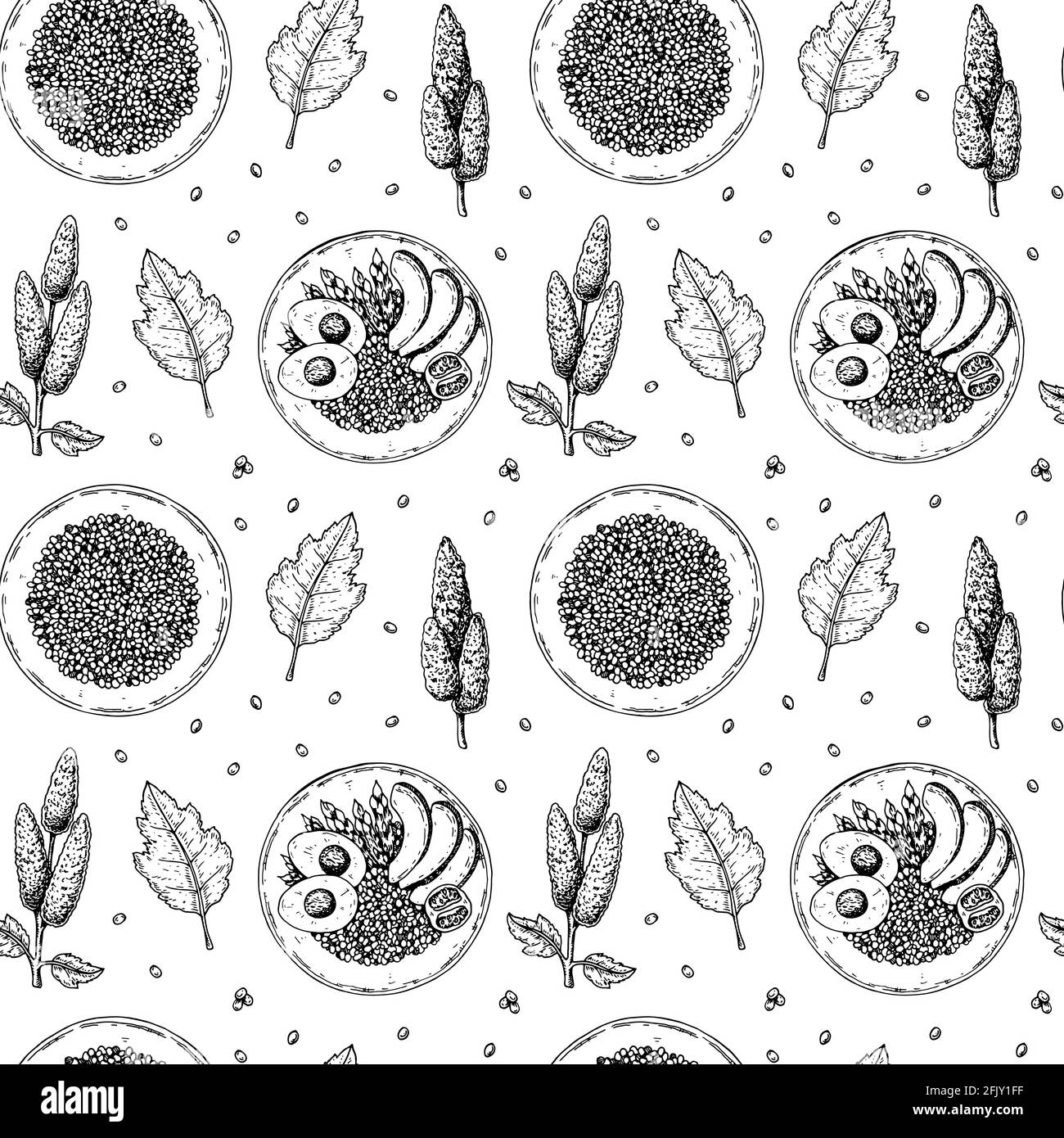 Motif sans couture dessiné à la main avec bols au quinoa. Illustration vectorielle dans le style d'esquisse Illustration de Vecteur