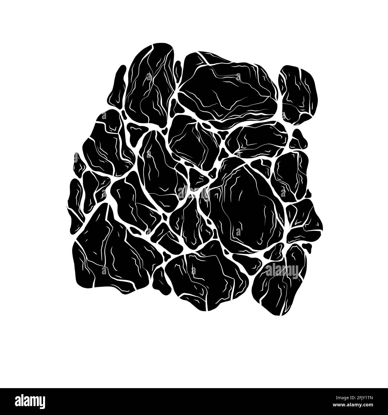 Illustration monochrome de la silhouette noire des pierres. Tremblement de terre avec destruction de la terre. Catastrophe naturelle. Image de roche vectorielle pour carte, autocollant, banne Illustration de Vecteur