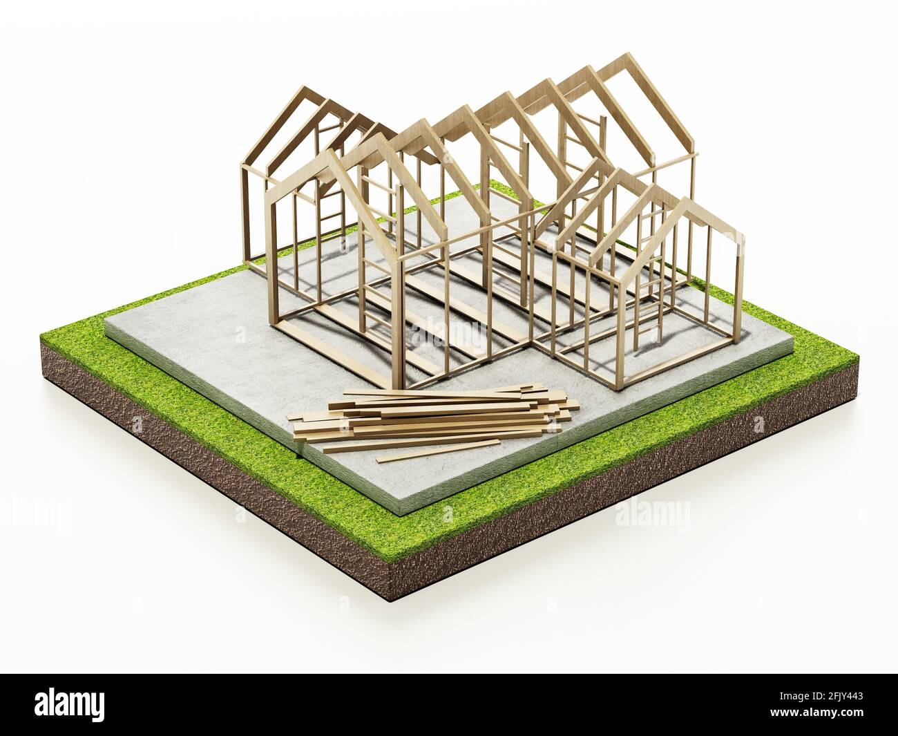 Structure de maison en bois sur base en béton. Illustration 3D. Banque D'Images