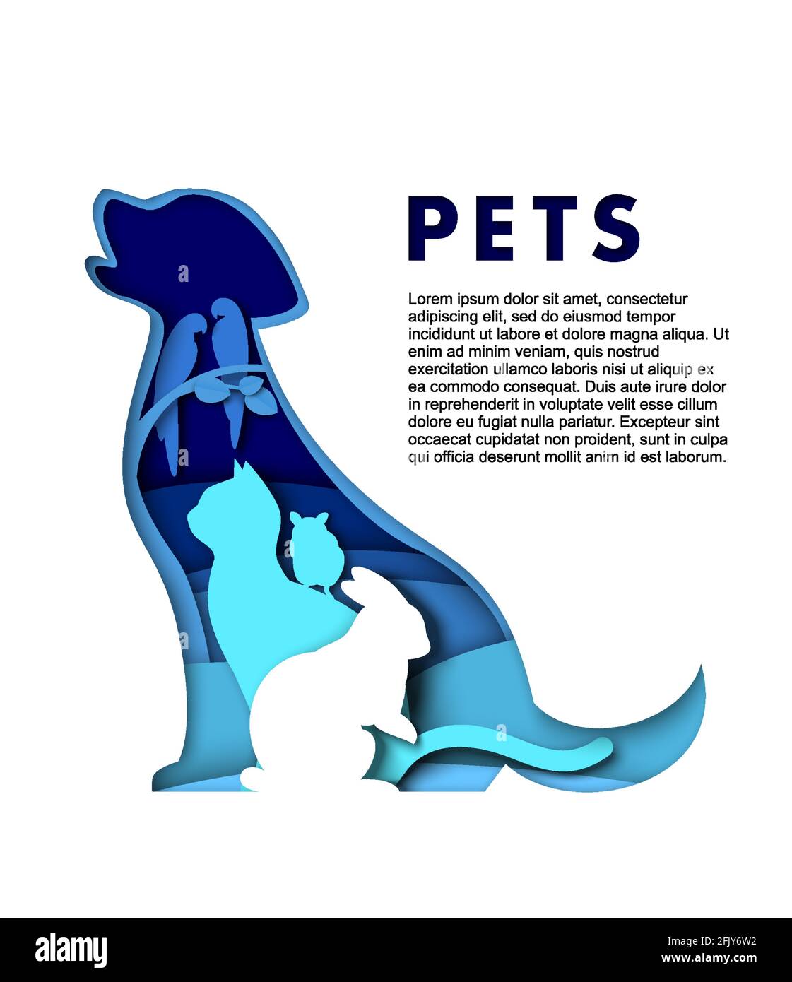 Silhouettes animaux de compagnie mignons, illustration d'art en papier vectoriel. Chien, chat, lapin, hamster, perroquets. Modèle d'affiche pour animaux de compagnie. Illustration de Vecteur