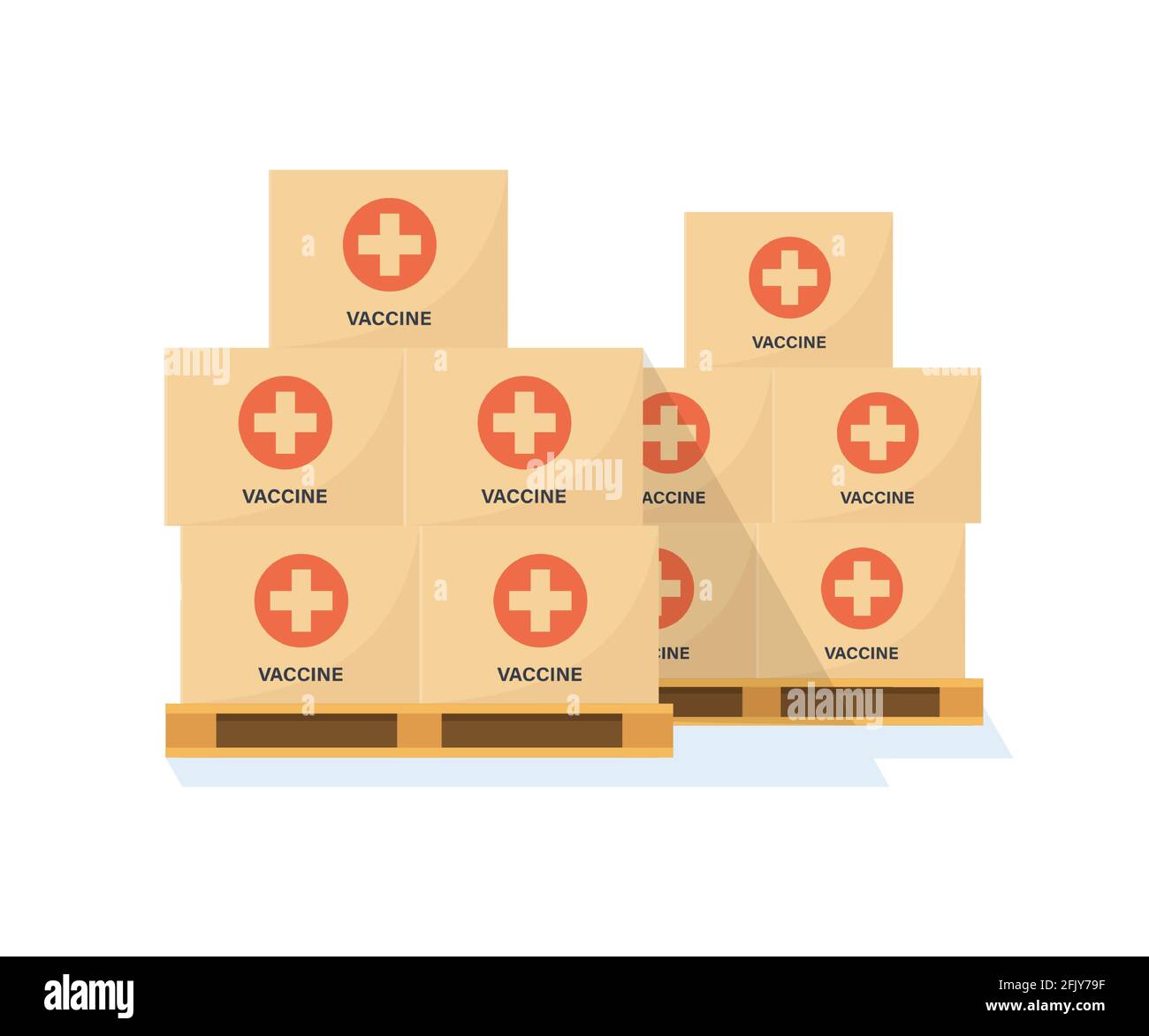 Palettes avec boîtes de vaccin contre le coronavirus. Entrepôt avec vaccins covid. Transport du vaccin. Campagne anti-virus. Illustration vectorielle à plat Illustration de Vecteur
