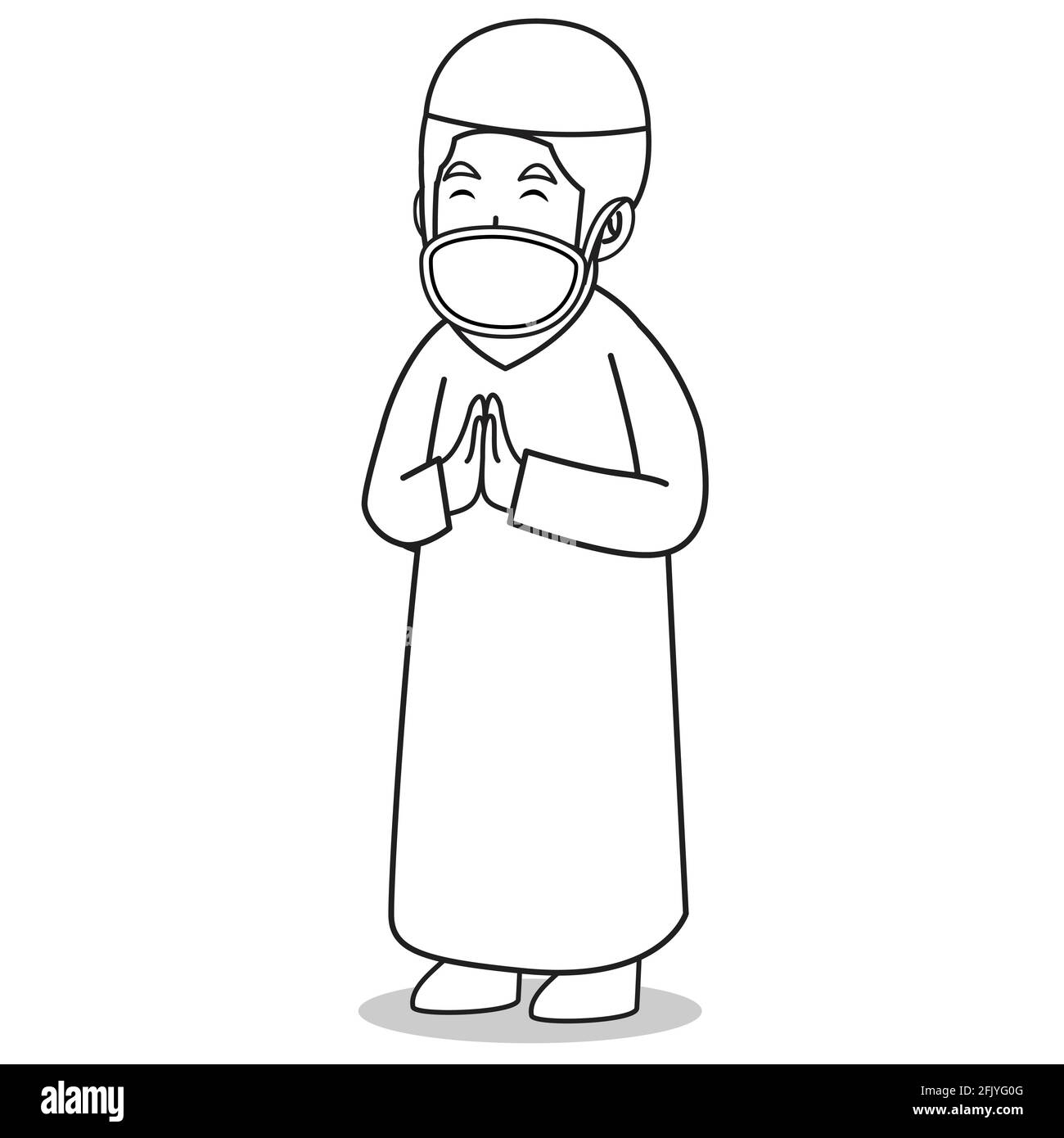 Homme musulman avec robe blanche musulman traditionnel.pardon à un autre musulman dans le mois du ramadan, en utilisant le masque et le protocole sain.charact vecteur Illustration de Vecteur