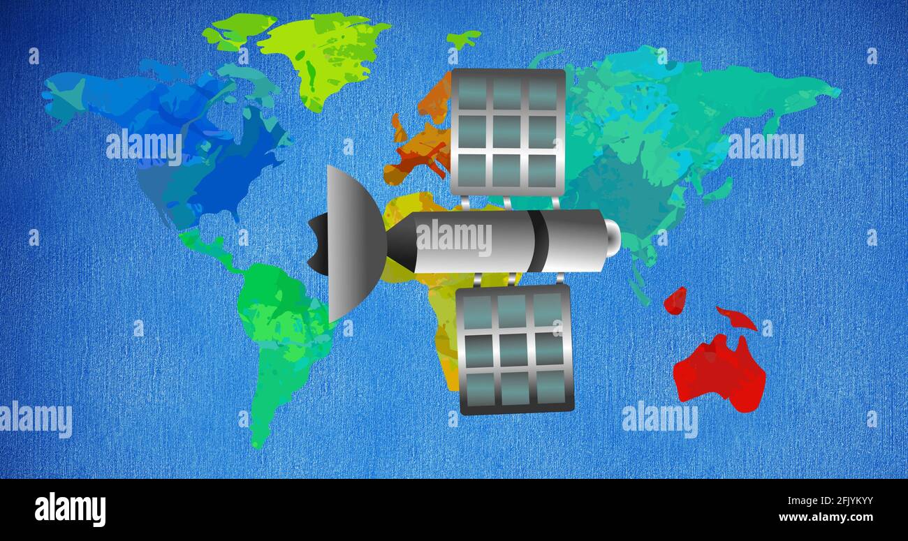 Composition du satellite sur la carte du monde multicolore sur bleu arrière-plan Banque D'Images