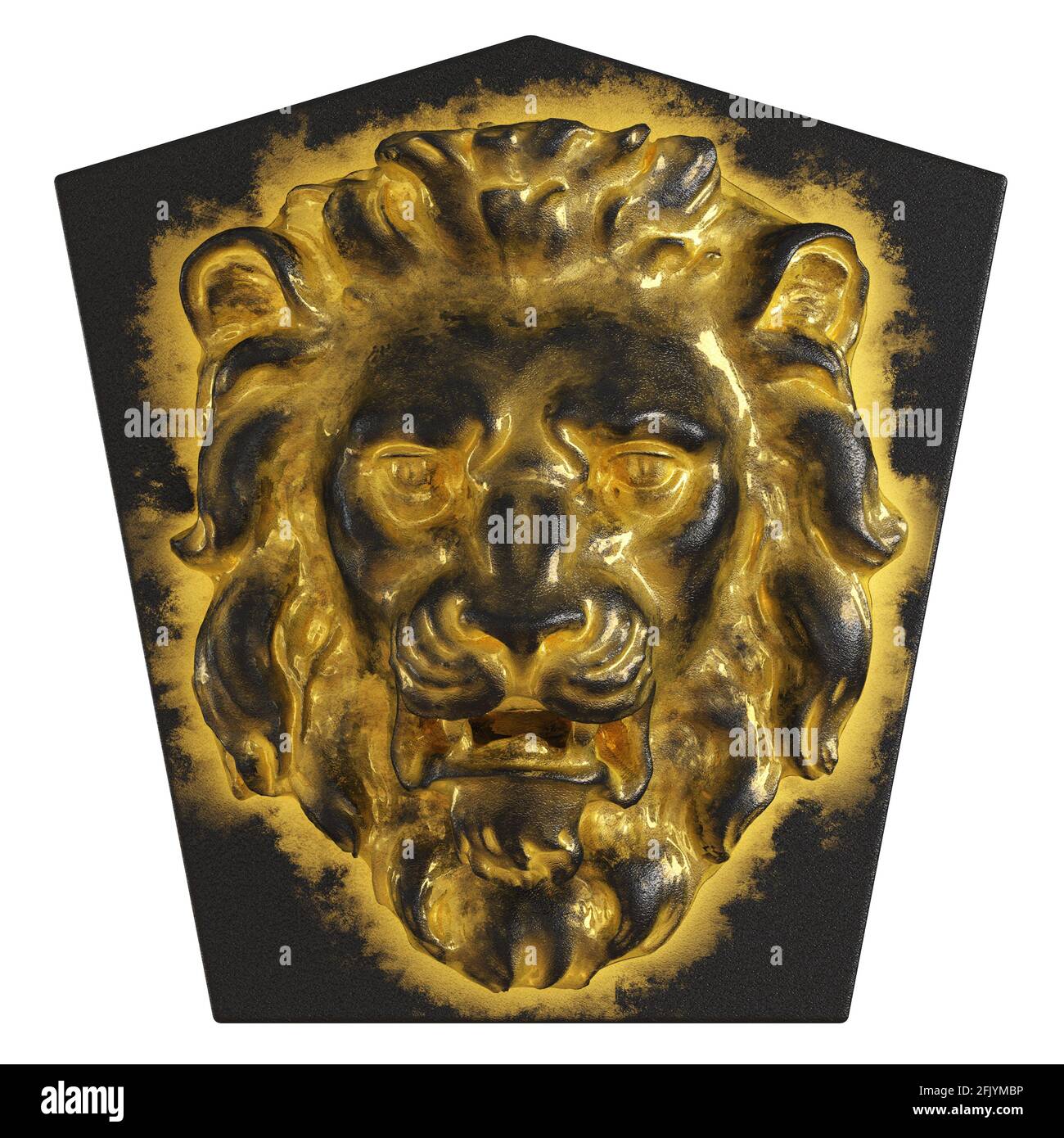 Plaque pentagonale noire avec tête de lion en noir et or. Vue avant. rendu 3d Banque D'Images