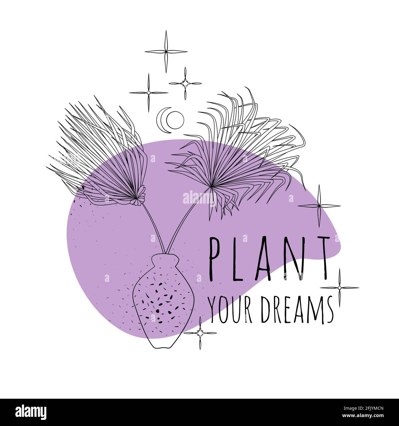 Illustration de boho minimaliste de citation faites vos rêves avec du noir feuilles de palmier en vase et violet abstrait arrière-plan de forme texturée Illustration de Vecteur