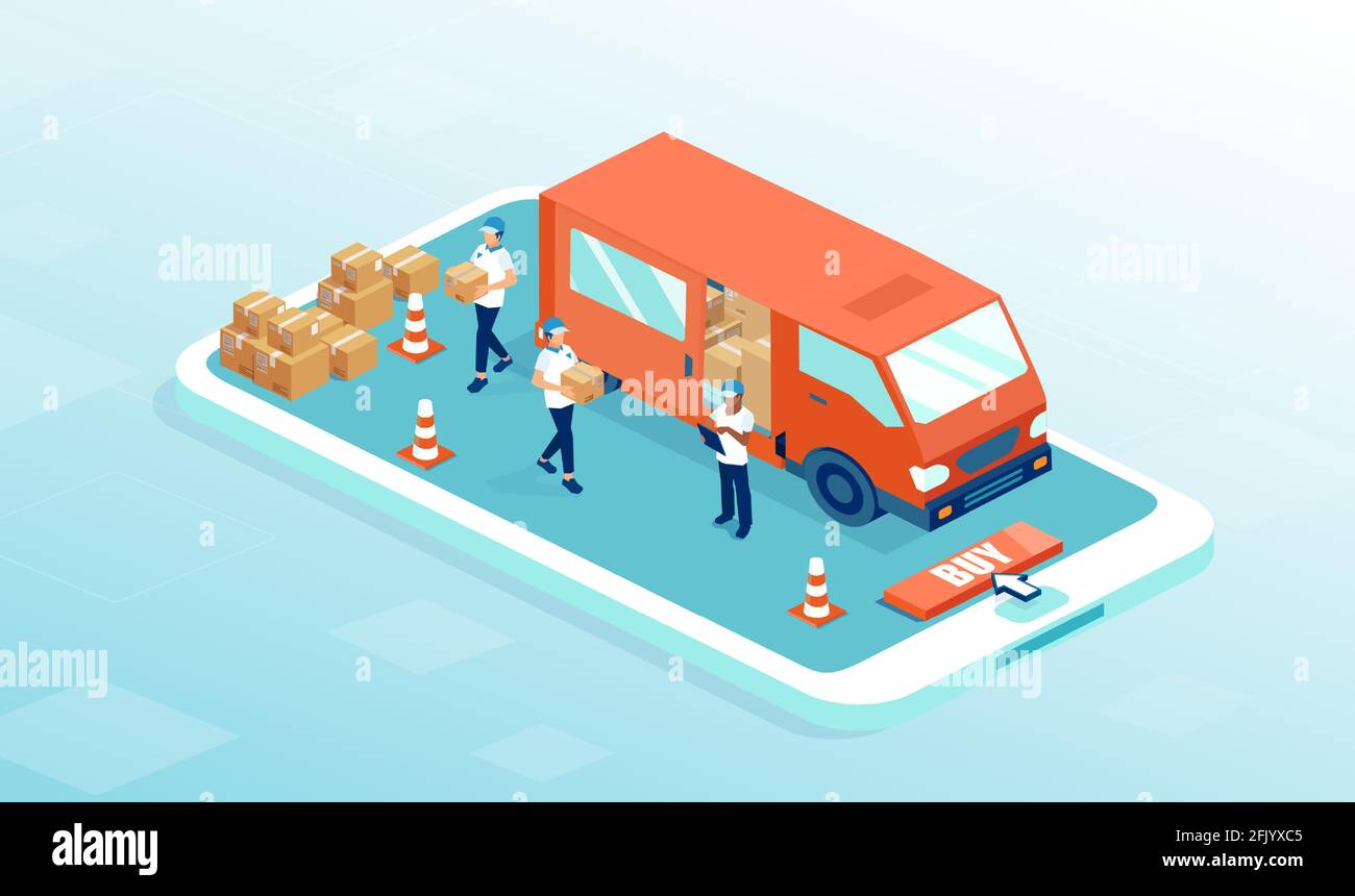 Vecteur d'un smartphone avec camion de livraison et livreurs de messagerie déchargement des boîtes en carton Illustration de Vecteur