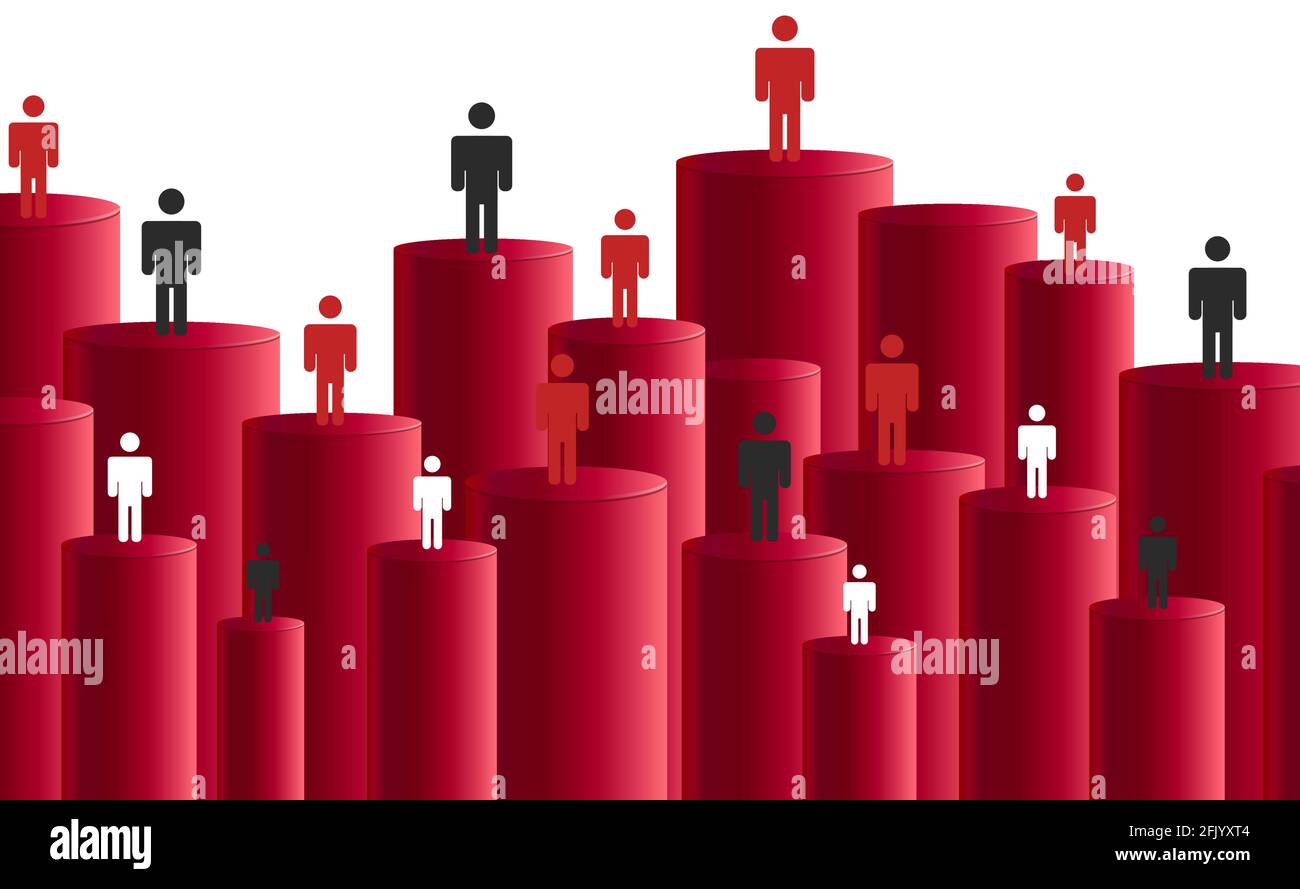 Affiche d'infographie ou couverture de présentation avec cylindres rouges et pictogrammes de personnes sur eux, barres de tailles différentes formant le fond Illustration de Vecteur