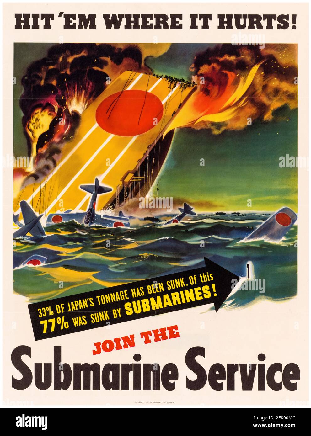 American, WW2 poster de recrutement militaire: Hit 'em où il fait mal!, Rejoignez le Service sous-marin, (US Navy), 1942-1945 Banque D'Images