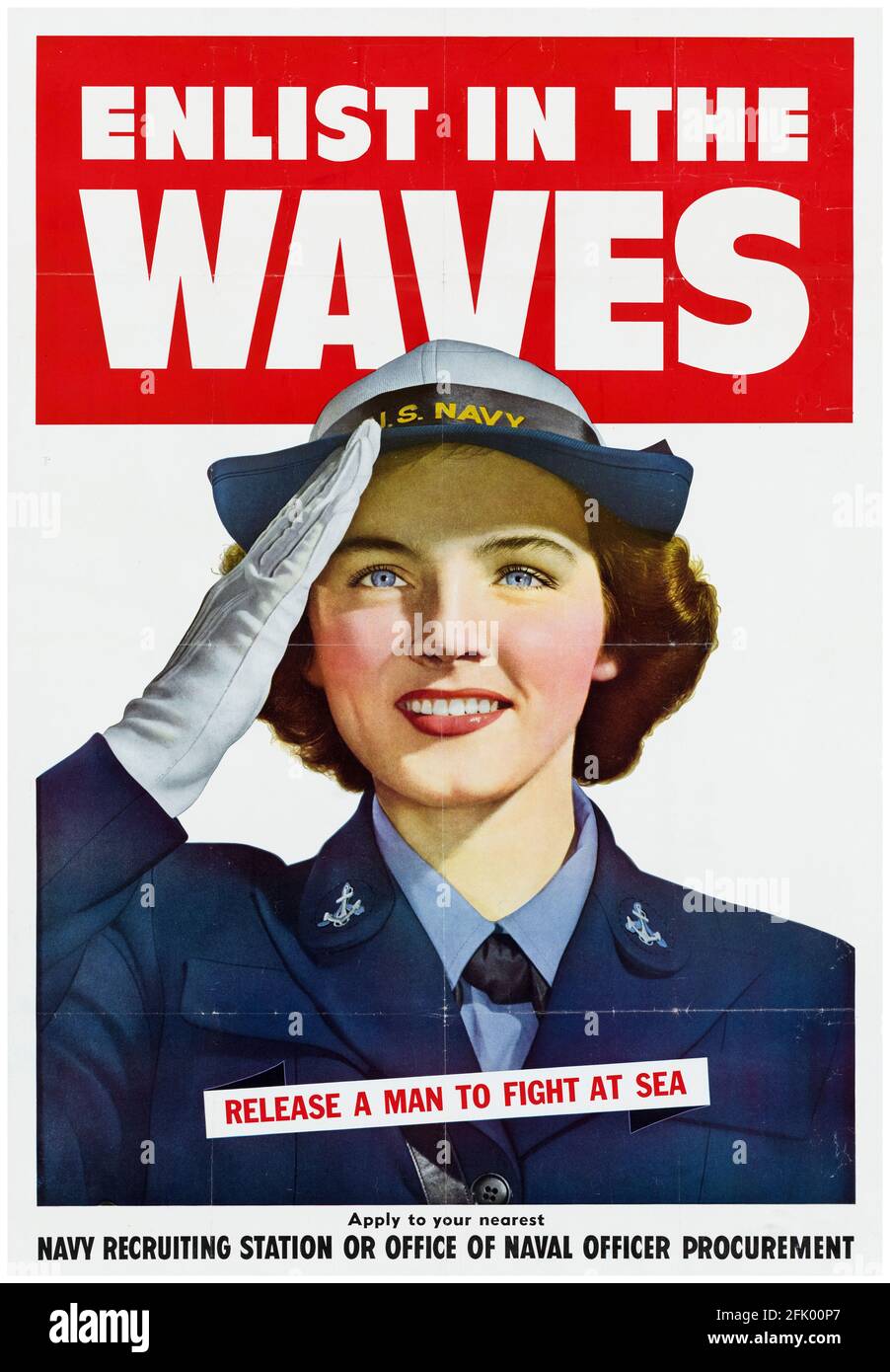 American, affiche de recrutement féminine de la Seconde Guerre mondiale : Enlist in the Waves, Release a Man to Fight at Sea, ('US Navy'), 1941-1945 Banque D'Images