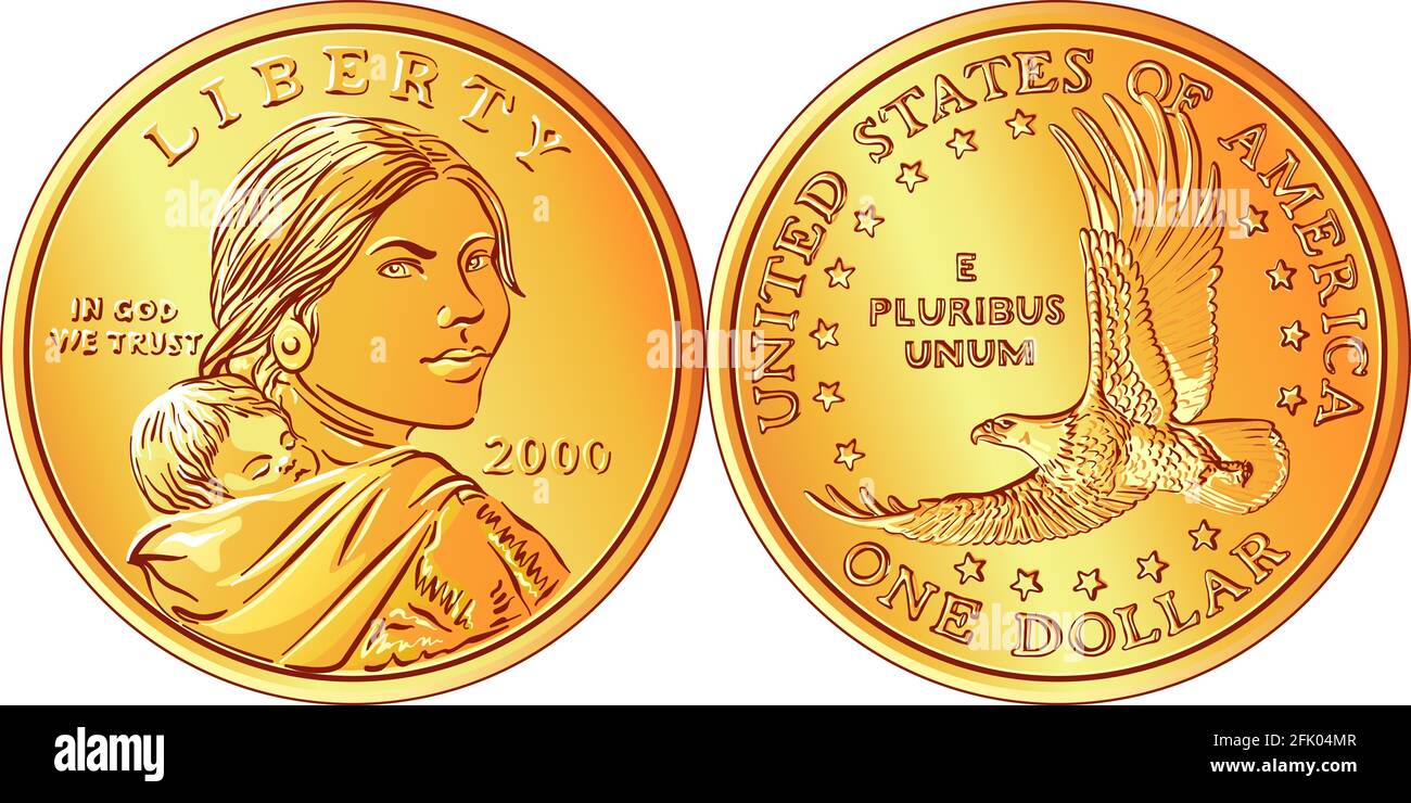 Argent américain dollar de Sacagawea, monnaie d'or dollar, Sacagawea sur l'arrière, aigle volant sur l'arrière Illustration de Vecteur
