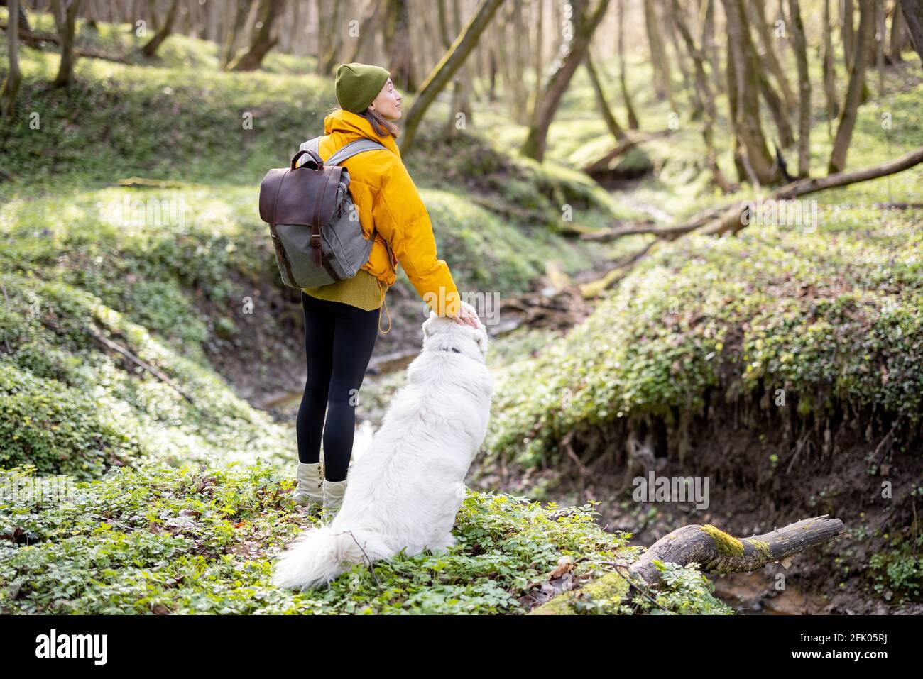 Une jeune femme en vêtements de randonnée et sac à dos passe du temps avec un grand chien blanc dans la forêt verte de printemps. Aime et explore la nature tranquille. Banque D'Images