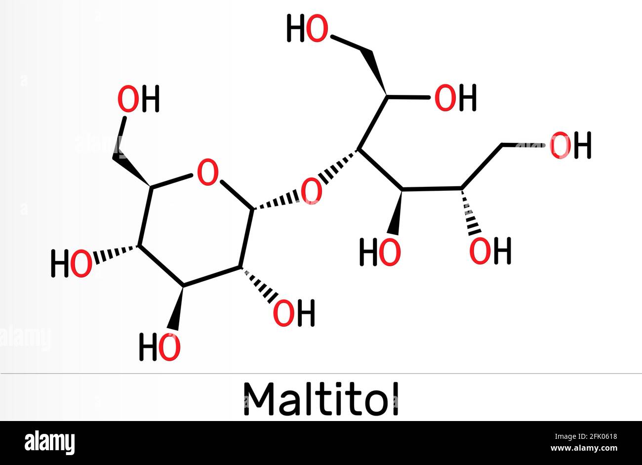 Molécule de maltitol. C'est un édulcorant, un substitut de sucre, du polyol, de l'alcool de sucre. Formule chimique du squelette. Illustration Banque D'Images