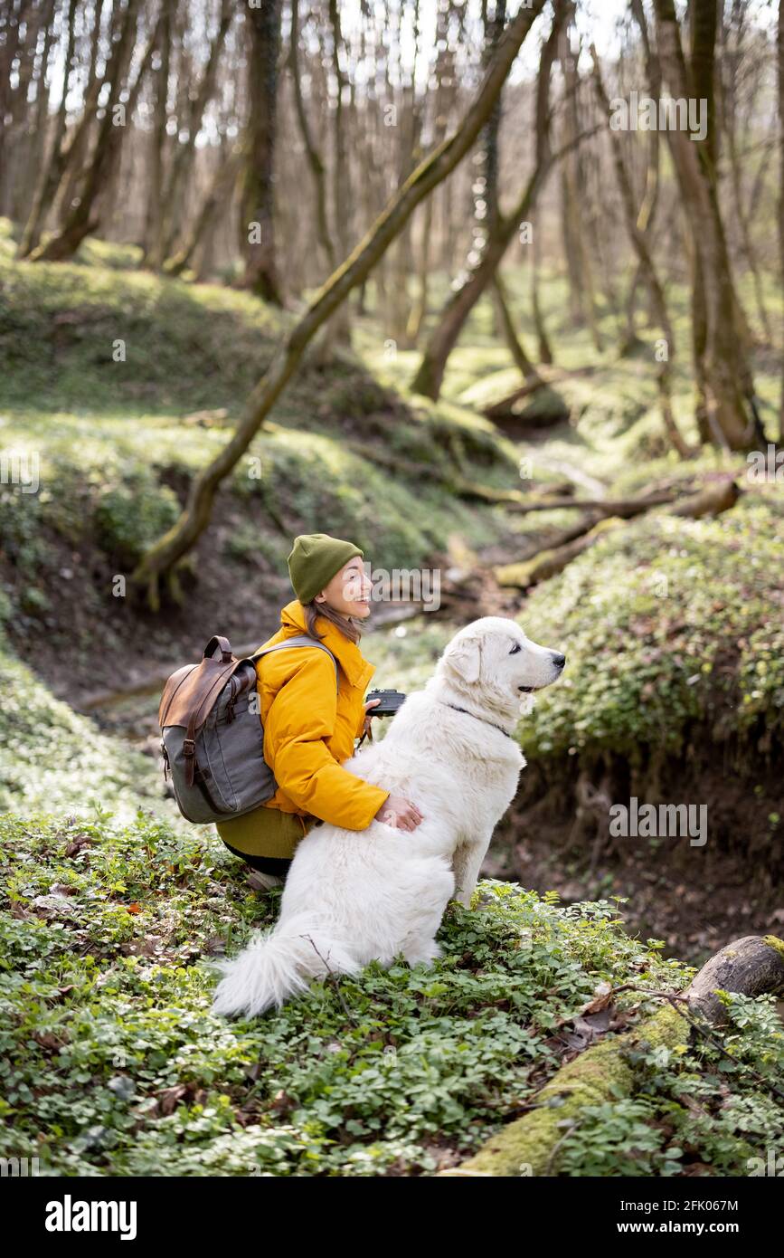 Jeune femme en vêtements de randonnée et sac à dos assis près de grand chien blanc dans la forêt verte de printemps. Aime et explore la nature tranquille. Banque D'Images