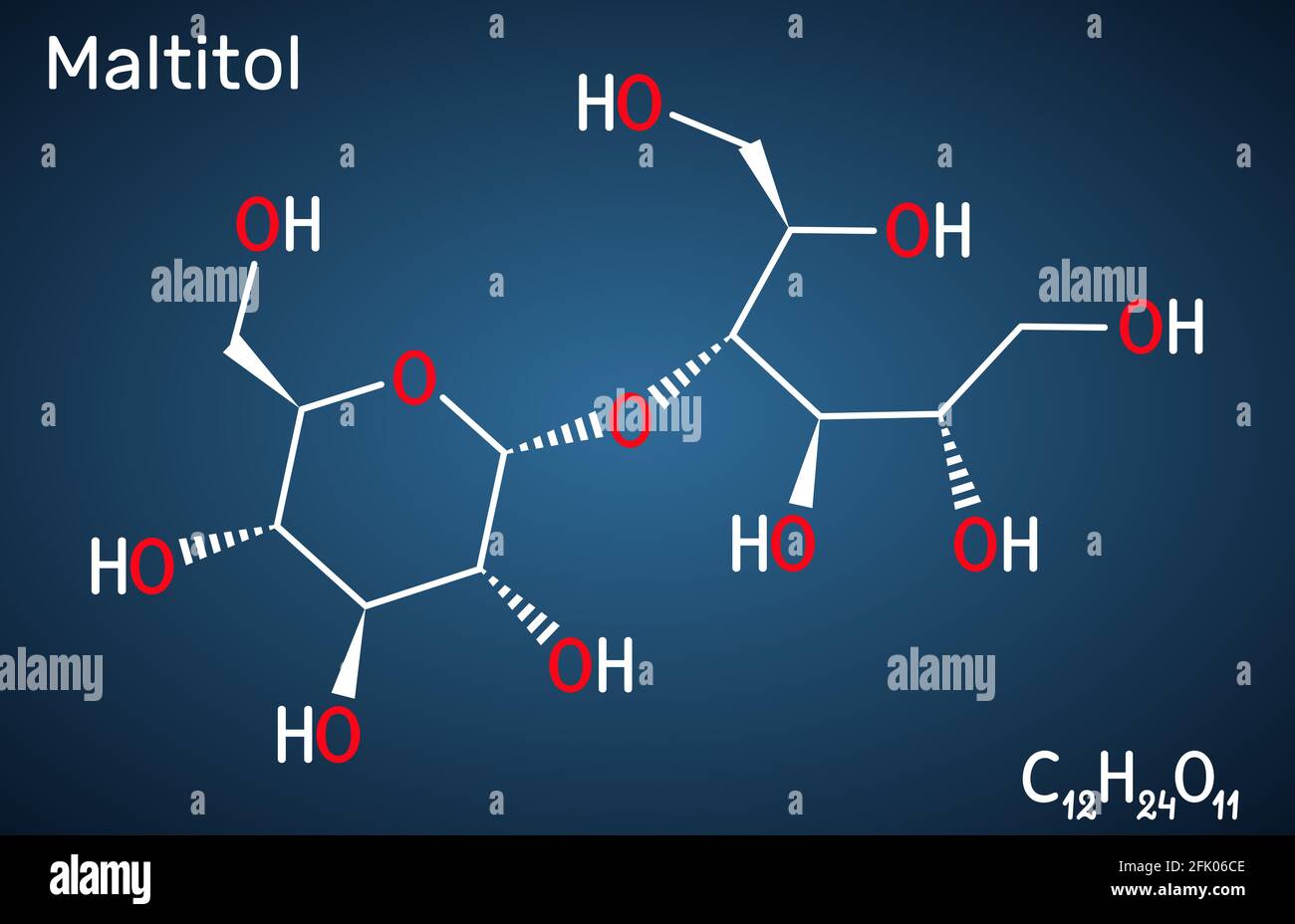 Molécule de maltitol. C'est un édulcorant, un substitut de sucre, du polyol, de l'alcool de sucre. Formule chimique structurelle sur fond bleu foncé Illustration de Vecteur