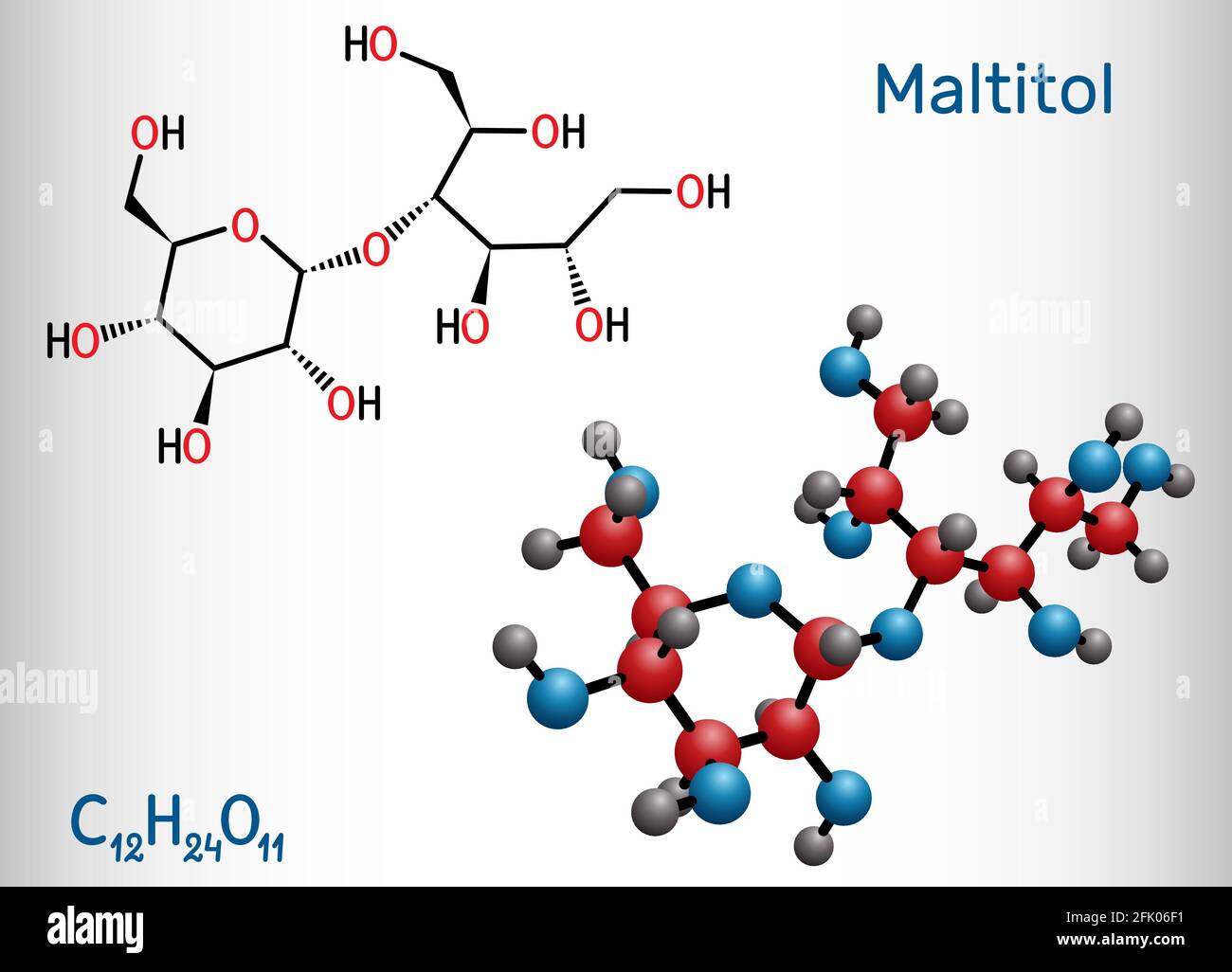 Molécule de maltitol. C'est un édulcorant, un substitut de sucre, du polyol, de l'alcool de sucre. Formule chimique structurelle et modèle moléculaire Illustration de Vecteur