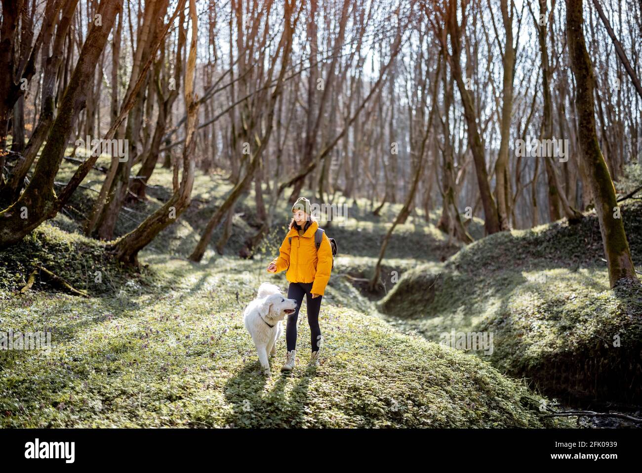 Une jeune femme en vêtements de randonnée et sac à dos passe du temps avec un grand chien blanc dans la forêt verte de printemps. Aime et explore la nature tranquille. Banque D'Images