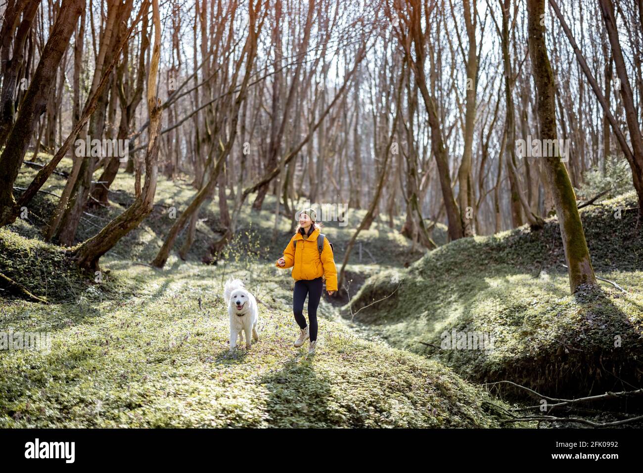 Une jeune femme en vêtements de randonnée et sac à dos passe du temps avec un grand chien blanc dans la forêt verte de printemps. Aime et explore la nature tranquille. Banque D'Images