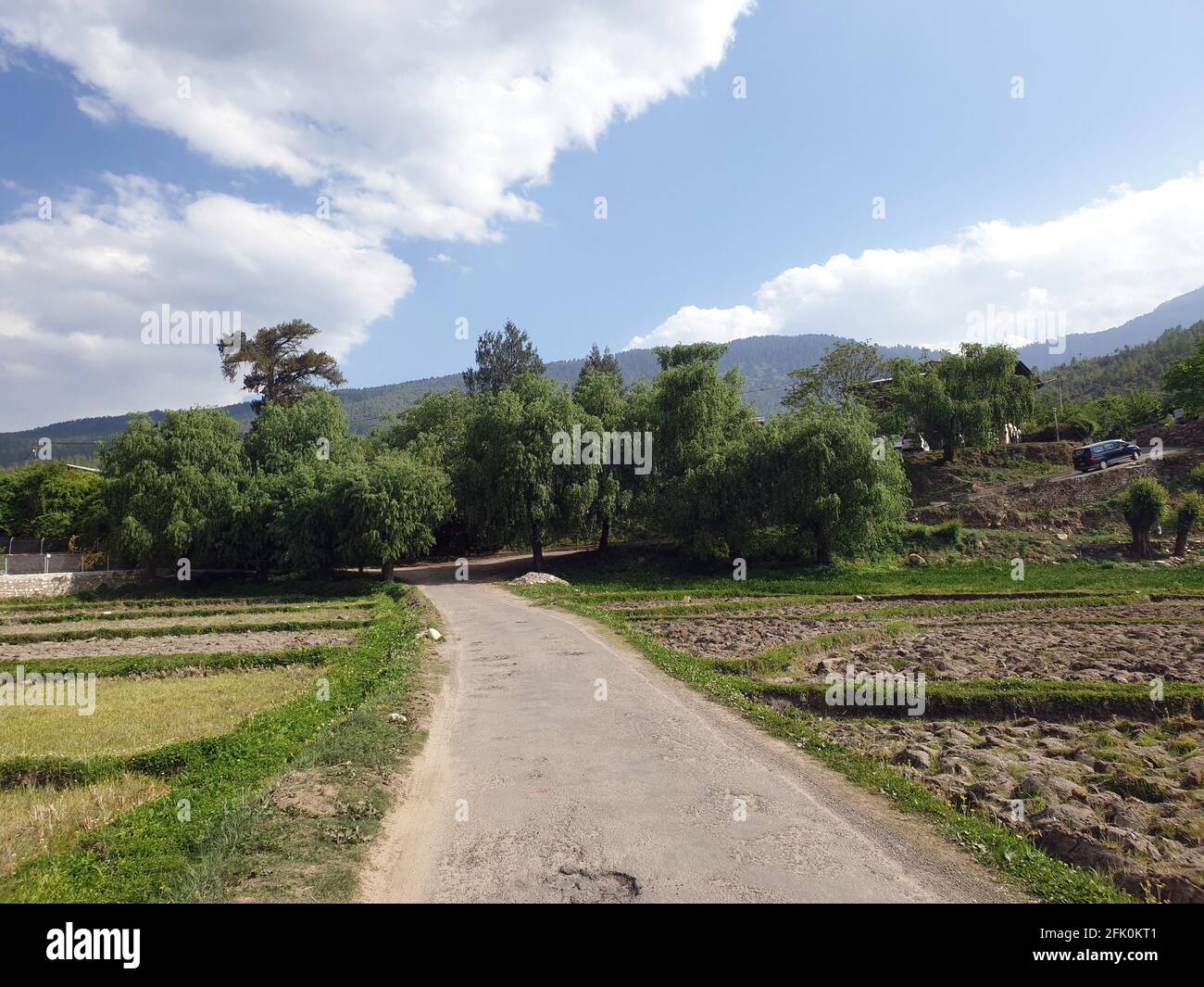 Une belle route dans un village bhoutanais menant aux collines de l'Himalaya. Banque D'Images