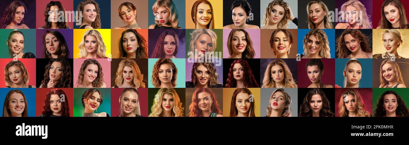 Collage De Visages De Femmes Et D Hommes Exprimant Differentes Emotions Faciales Souriant Sans Sourire Poser Sur Des Arriere Plans Colores Photo Stock Alamy