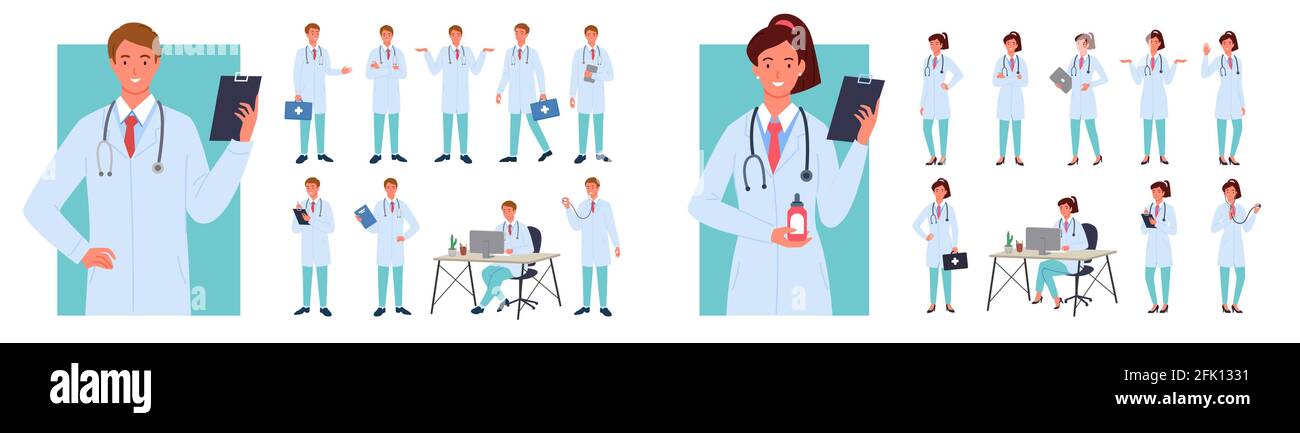 Caricature jeune femme homme personnages en uniforme d'hôpital debout, médecin médecin ou thérapeute consultant travaillant isolé sur blanc. Homme femme Illustration de Vecteur