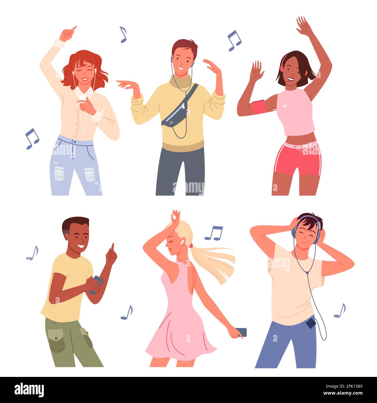 Bande dessinée jeune heureux homme et femme groupe de danseuses personnages écouter de la musique avec des écouteurs et de la danse, foule d'amis sur la fête de danse isolée sur Illustration de Vecteur