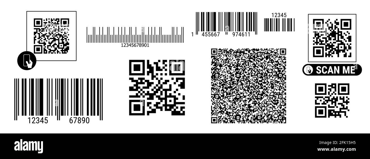 Jeu de codes-barres et de codes QR. Étiquettes d'identité du produit pour la numérisation. Marques de détail d'identification démontées. Illustration vectorielle de style plat isolée sur blanc Illustration de Vecteur
