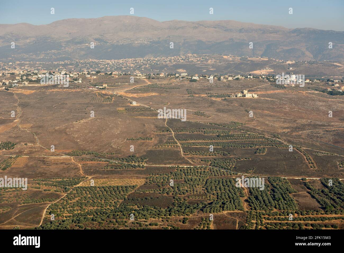 Vue sur le sud du Liban depuis le château de Beaufort, Nabatiye, sud du Liban. Banque D'Images