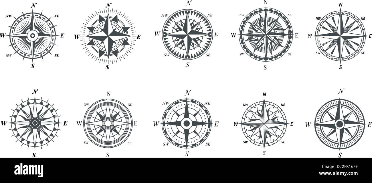 Compas rose vent. Compas marins vintage, panneaux de navigation nautique, flèches rétro symboles vectoriels de pointeur Illustration de Vecteur