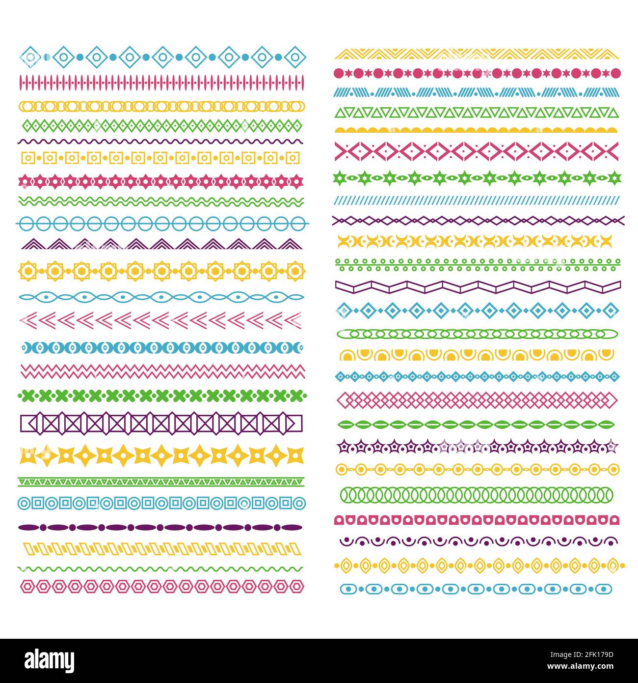 Bordures de ligne. Séparateurs de motifs de couleurs avec lignes, cercles et carrés. Cadre ondulé horizontal pour la décoration de texte, rubans vectoriels typographiques Illustration de Vecteur