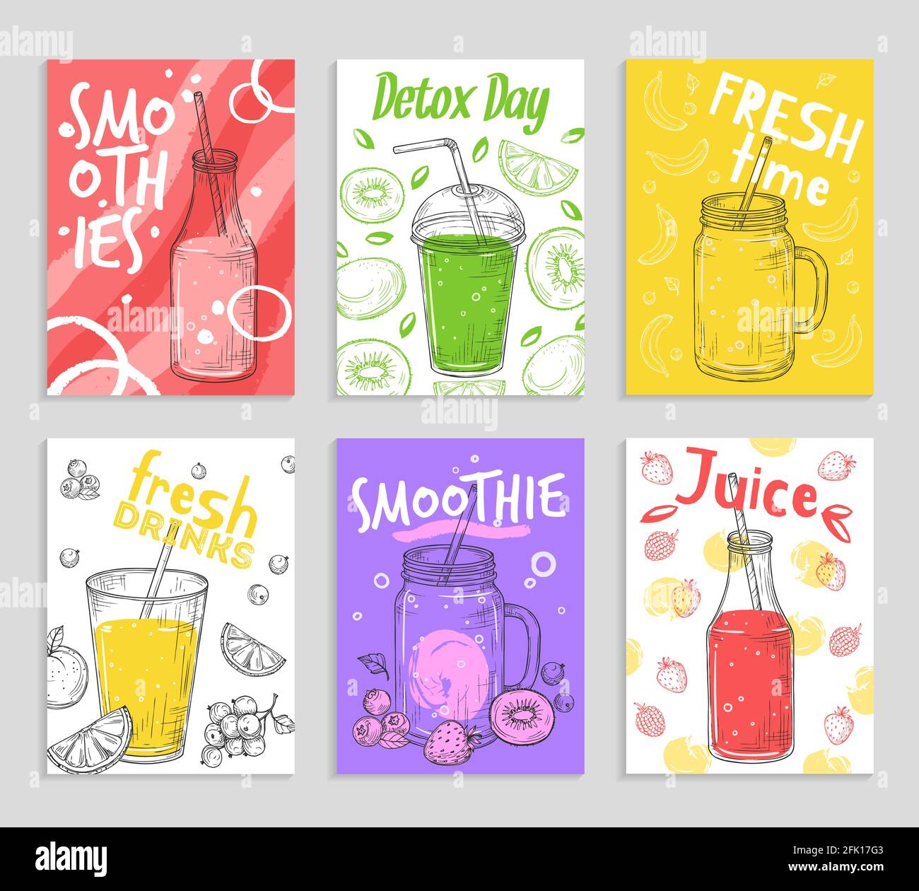 Prospectus Smoothie. Jus de détox colorés, cartes de smoothies aux fruits frais. Style de vie végétalien, croquis de baies et de bananes. Illustration des boissons vectorielles Illustration de Vecteur