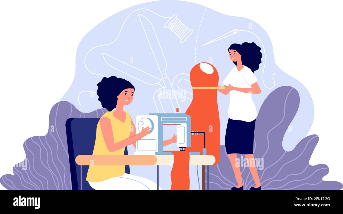 Créateur de mode. Vêtements, vêtements cousus pour femmes. Tailleur et couturière, modèle féminin. Concept vectoriel atelier créatif professionnel Illustration de Vecteur