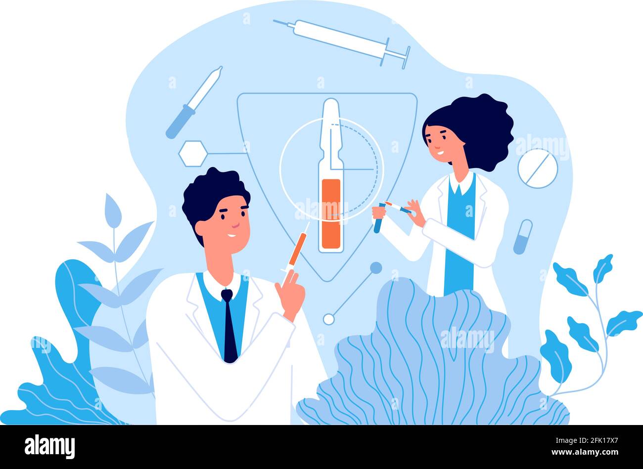 Vaccination. Équipe hospitalière utilisant des vaccins. Santé clinique, les médecins créent un traitement novateur de la grippe. Concept de vecteur de santé et d'immunologie Illustration de Vecteur