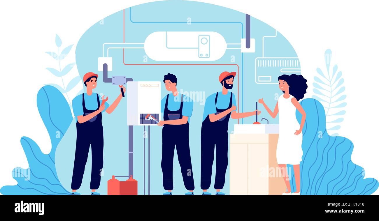 Service de plombier. Plombiers de travail aidant, instruments de fixation. Illustration de la réparation des travaux ménagers, du handyman et du vecteur de chauffage de chaudière cassé Illustration de Vecteur