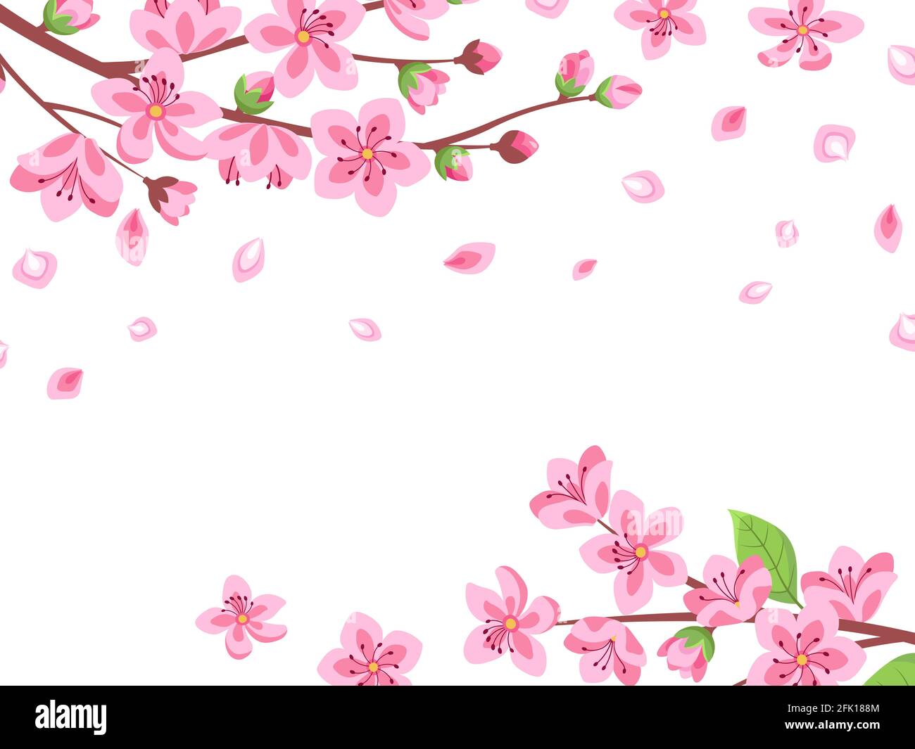 Fleur de cerisier. Branches de sakura florales. Printemps japon romantique pétales volantes. Jardin fleuri rose, dessin animé oriental vecteur fond Illustration de Vecteur