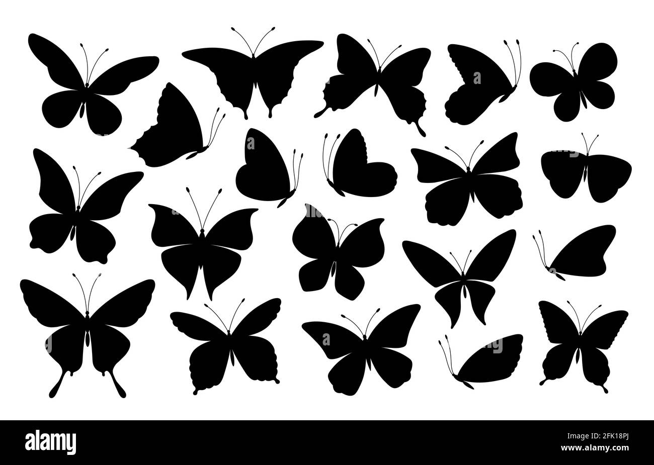 Silhouettes papillons noires. Icônes de papillons, insectes volants. Collection de vecteurs d'éléments de tatouage et de symboles de ressort d'art abstrait isolés Illustration de Vecteur