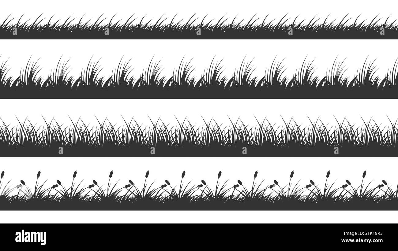 Bordures d'herbe. Arrière-plan de silhouette de prairie plantée. Séparateurs de pelouse horizontaux isolés. Croissance plantes vecteur sans couture modèle Illustration de Vecteur