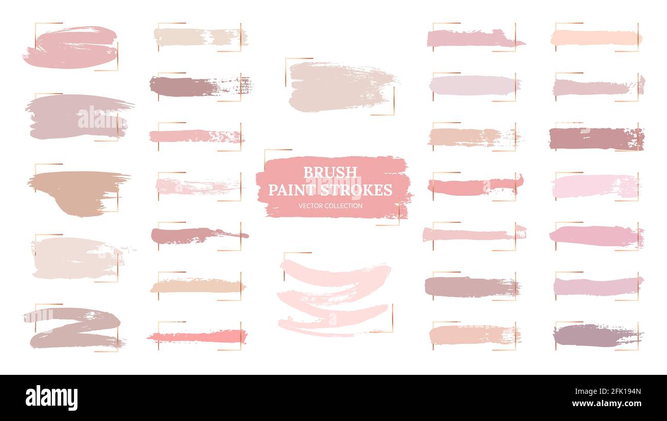 Traits de pinceau pastel. Spots créatifs, cadres dorés et échantillons de palette rose. Nuances de maquillage tendance. Beau vecteur de peinture de grunge de rose Illustration de Vecteur