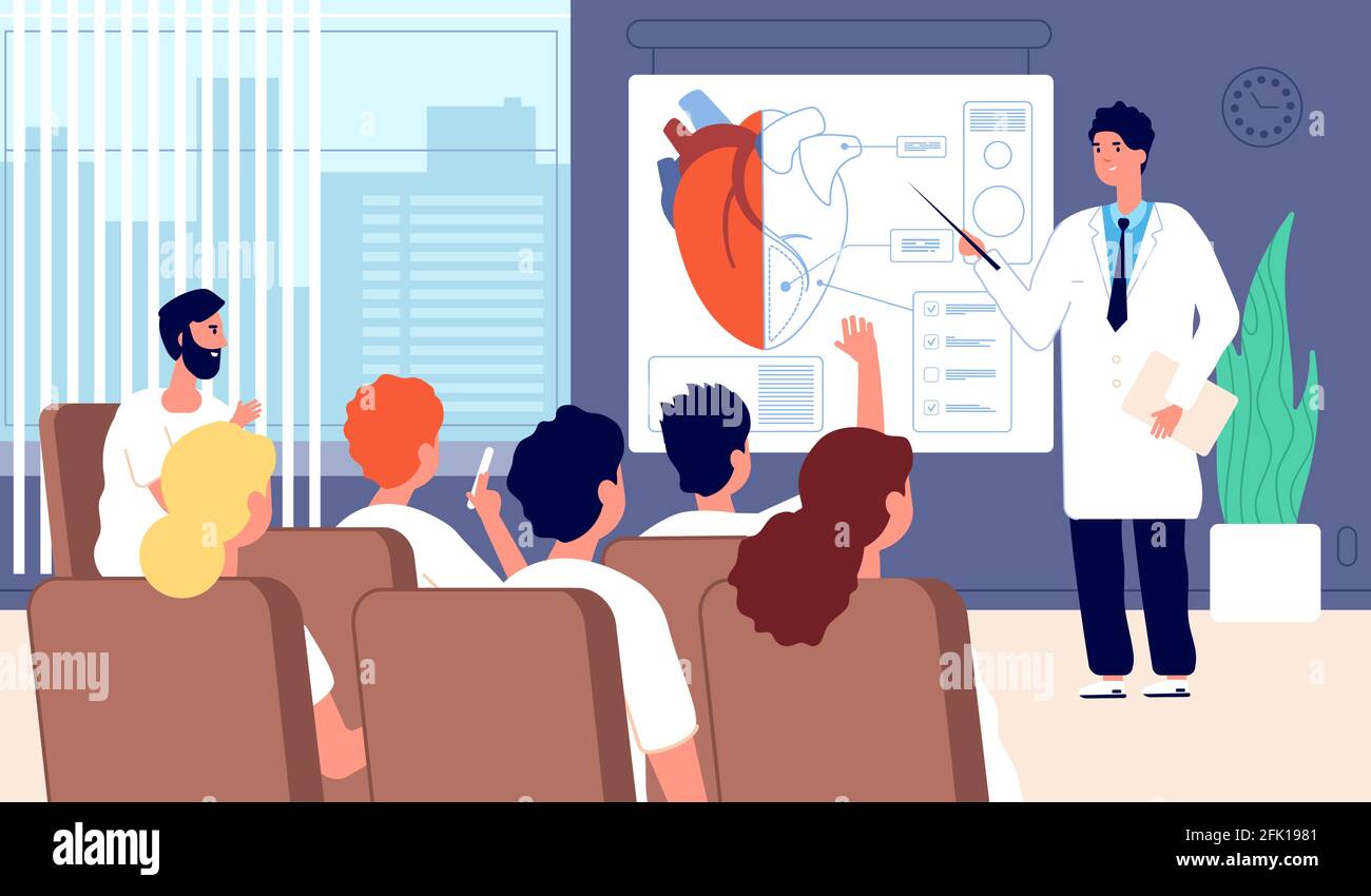 Conférence médicale. Médecin montrant le cœur, formation du médecin. Conférence, séminaire en classe des élèves. Concept de vecteur de réunion de chirurgie cardiaque Illustration de Vecteur