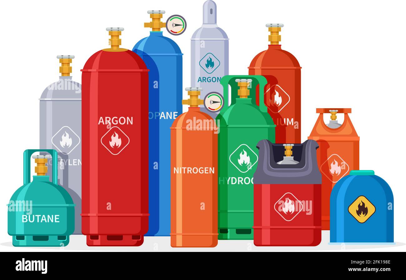 Groupe de la bouteille de gaz. Réservoirs d'oxygène, bouteilles et canister. Équipement isolé de l'industrie pétrolière. Illustration du vecteur de stockage d'azote liquide Illustration de Vecteur