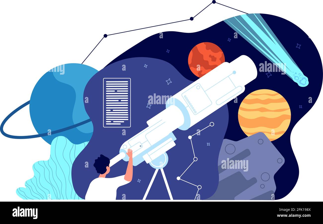 Astronomie. Galaxy explore, découvrez star. Univers d'exploration mâle, spoutnik cosmos. Planète masculine dans le concept de vecteur de télescope Illustration de Vecteur