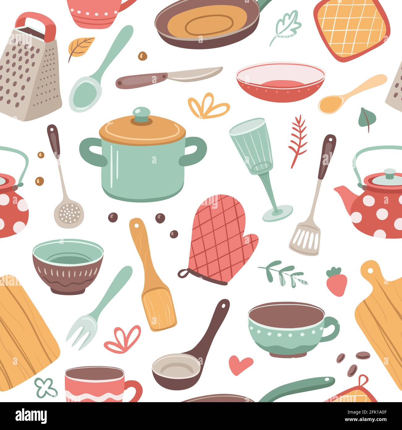 Motif de cuisine. Ustensile, cuisine scandinave. Ustensiles de cuisine, vaisselle en céramique. Texture sans couture vectorielle textile de restauration Illustration de Vecteur