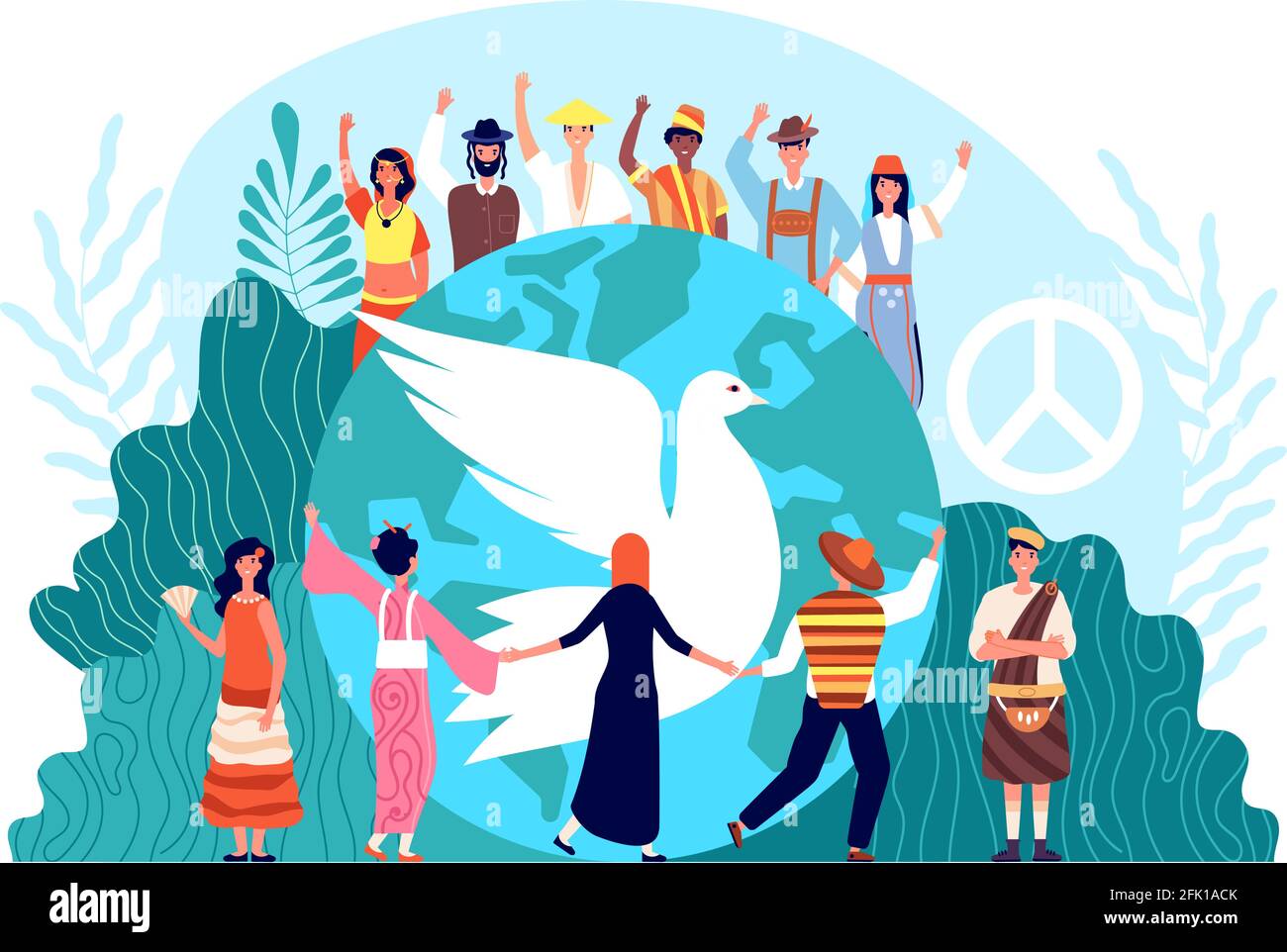 Journée internationale de la paix. Harmonie mondiale, unité et religion. Symbole de l'espoir ou de l'amour, Dove et les personnes diverses ensemble vecteur concept Illustration de Vecteur