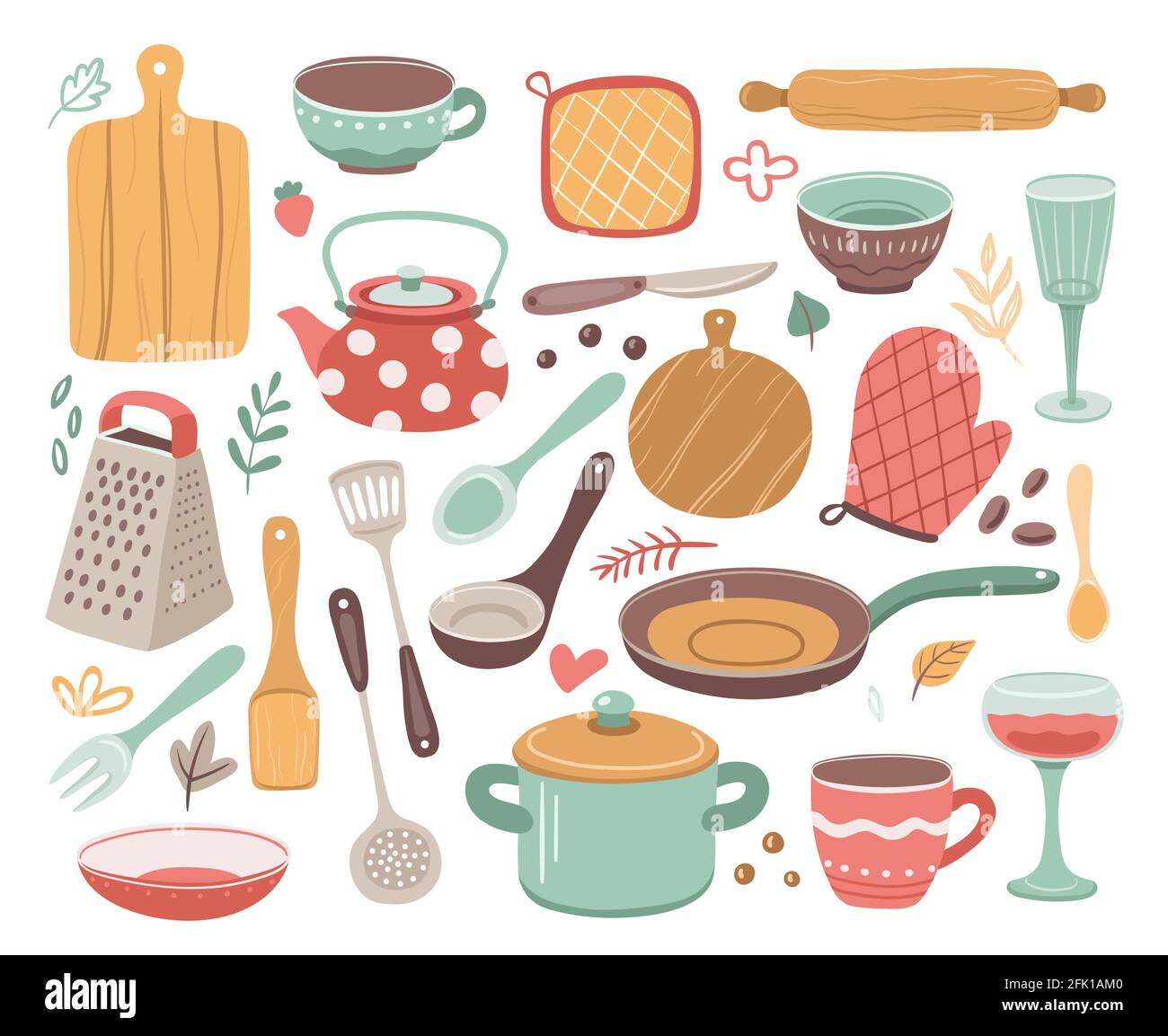 Outils de cuisine. Ustensiles de cuisine, ustensiles de cuisine. Bouilloire en céramique Doodle, spatule et verre. Ensemble vectoriel d'éléments ménagers modernes isolés Illustration de Vecteur