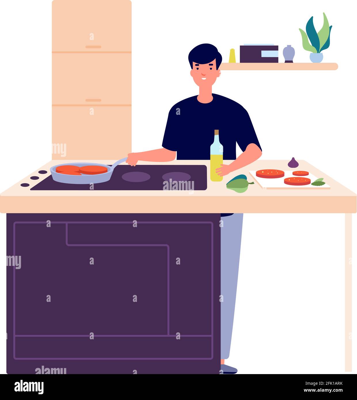 Homme cuisine petit déjeuner. Un gars sur la cuisine, la friture ou la cuisson de la nourriture. L'élève fait l'illustration vectorielle de manger Illustration de Vecteur