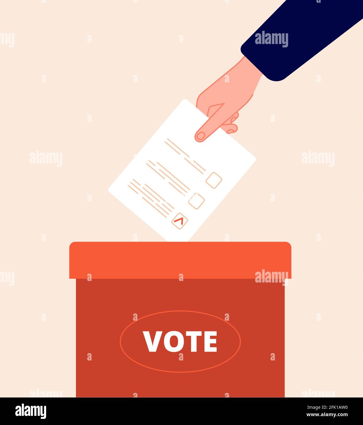 Boîte de vote. Jour du vote, emballage de l'élection. La main tient le bulletin de vote. Opinion politique, sondage des électeurs. Illustration vectorielle de choix de papier pour le ballast plat Illustration de Vecteur