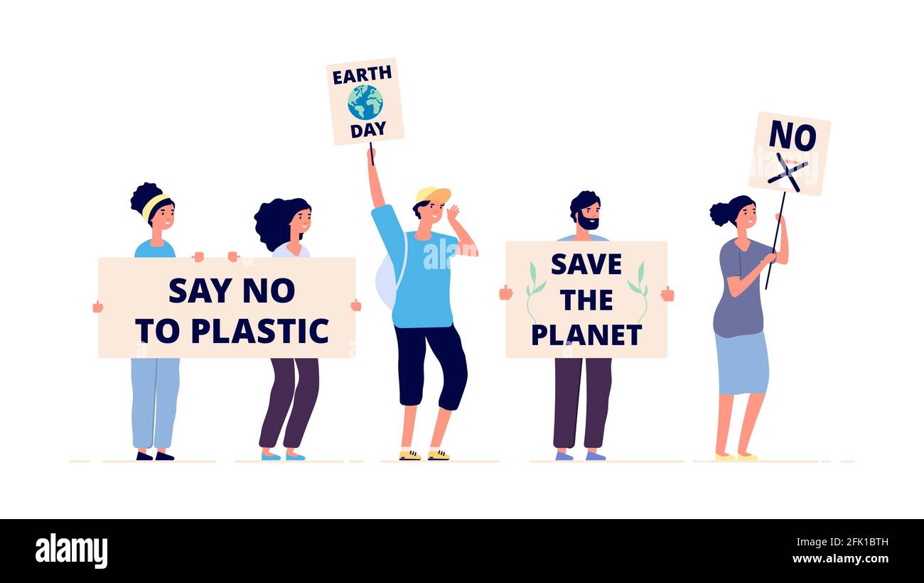 Sauver la planète. Jour de la Terre, activistes de l'environnement avec des placards. Démonstration écologique, changement climatique mondial. Vecteur de message vert Illustration de Vecteur