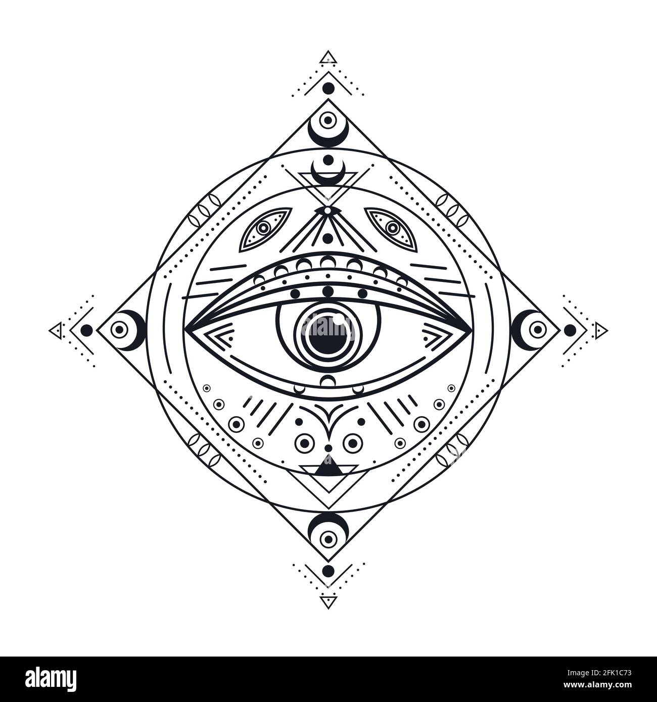 Tous voyant l'œil. Symbole illuminati noir, emblème de la providence. Tatouage occulte de protection vintage isolé. Illustration du vecteur ésotérique Illustration de Vecteur