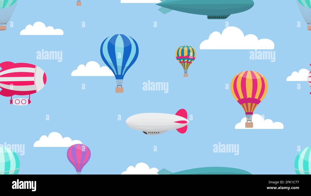 Ballons à air chaud. Motif de transport aérien de dessin animé. Ballon Airship dans ciel nuageux vecteur texture sans couture Illustration de Vecteur