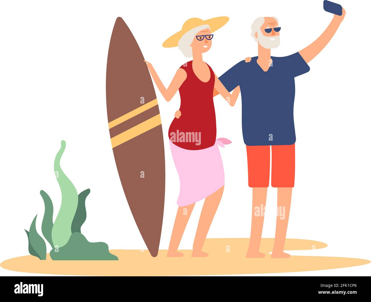 Vacances d'été pour les personnes âgées. Selfie de grands-parents sur la plage. Un vieux couple heureux avec surf près de la mer. Femme homme relaxant et vecteur d'appel vidéo Illustration de Vecteur